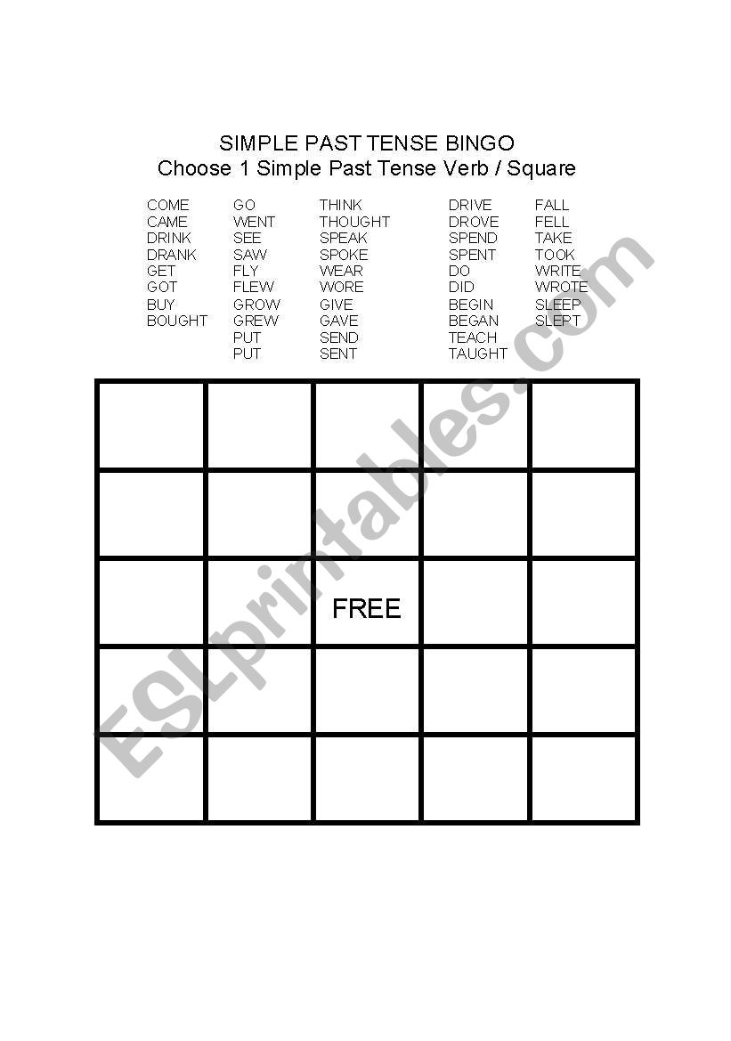 BINGO for Irregular Past Tense Verbs