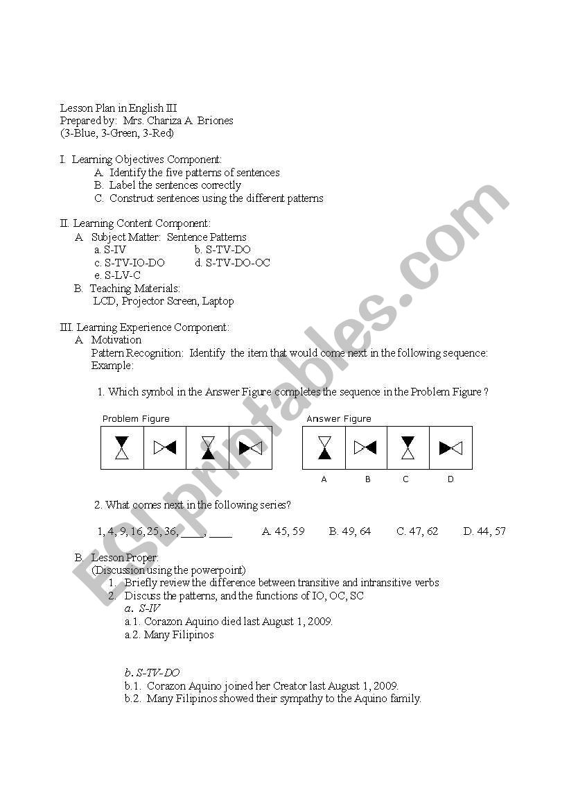 Basic Sentence Patterns worksheet