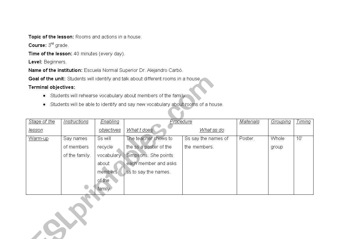 rooms and actions in a house worksheet
