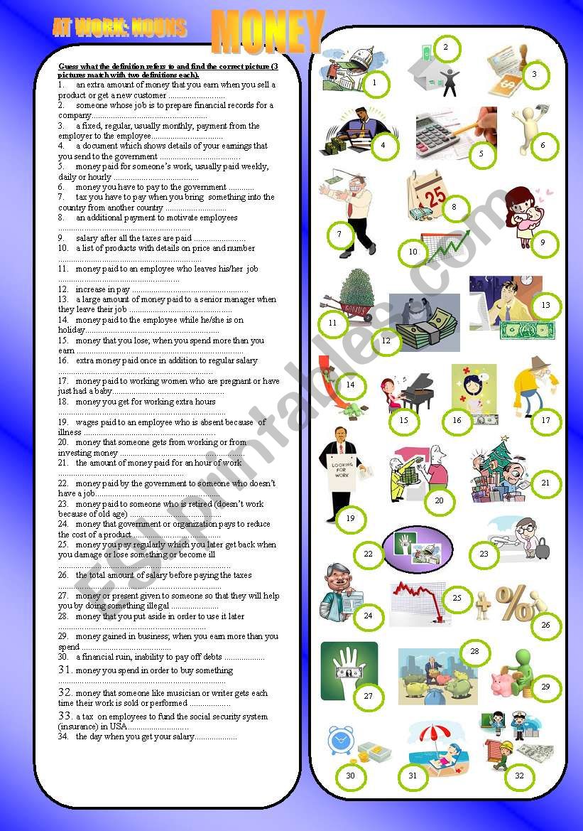 MONEY - at work: nouns worksheet