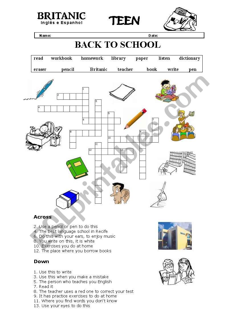 back to school crossword worksheet