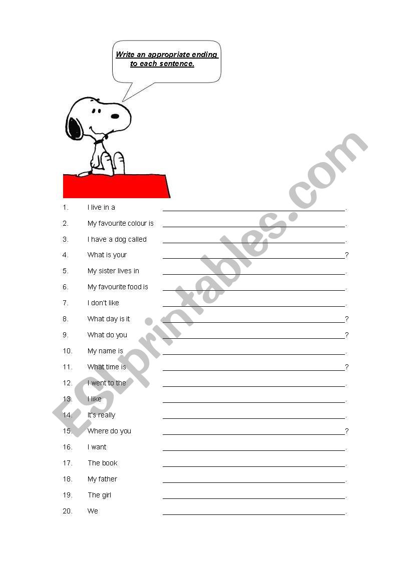 write endings. worksheet