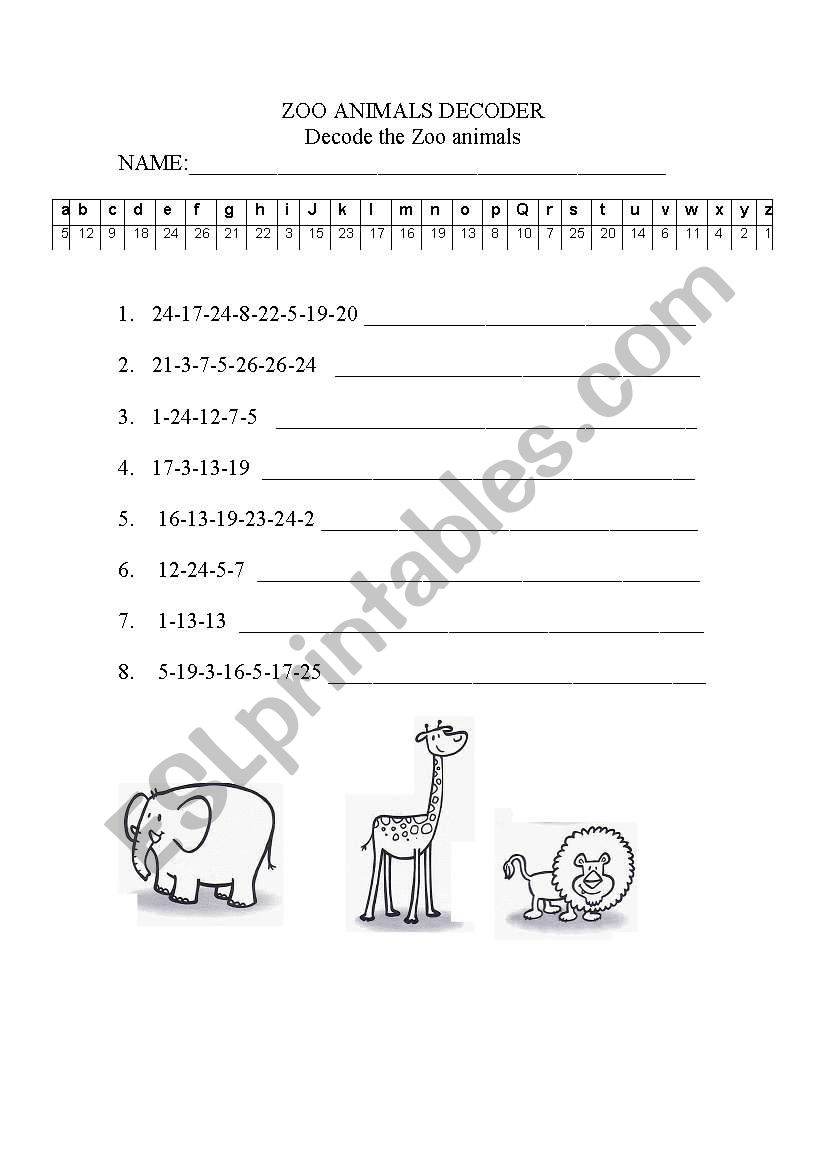 animal names decoder worksheet