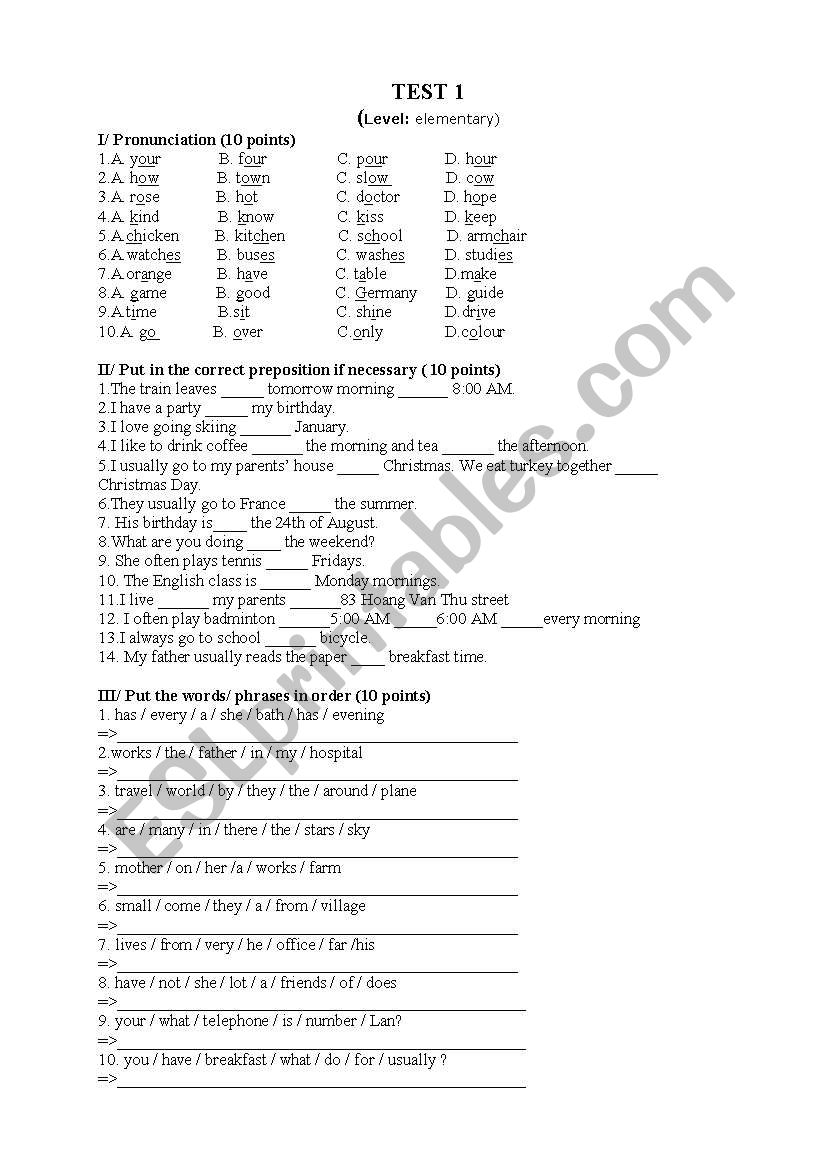 elementary level test  worksheet