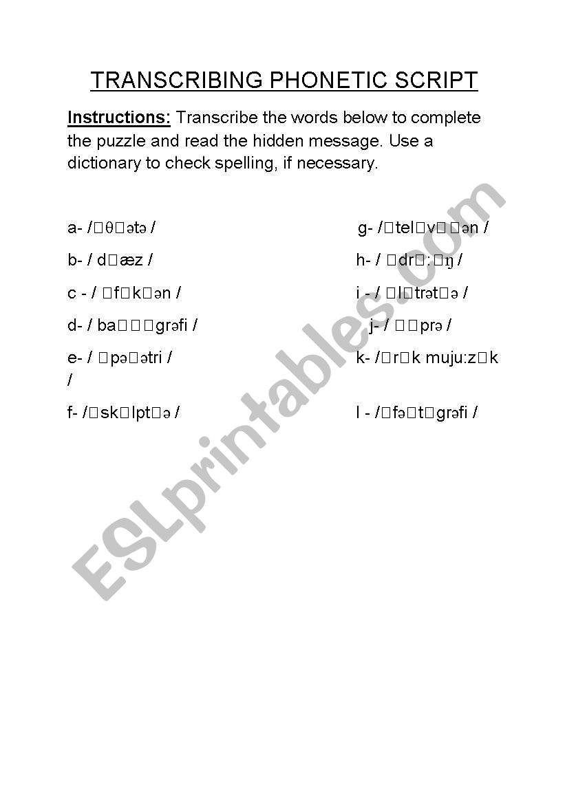 TRANSCRIBING PHONETIC SCRIPT worksheet