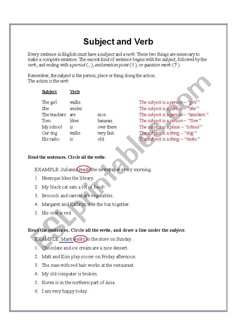 Identifying Subject and Verb worksheet