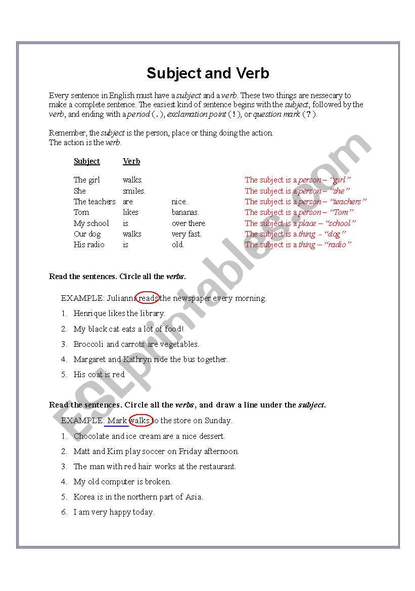 Identifying Subjects And Verbs Worksheet