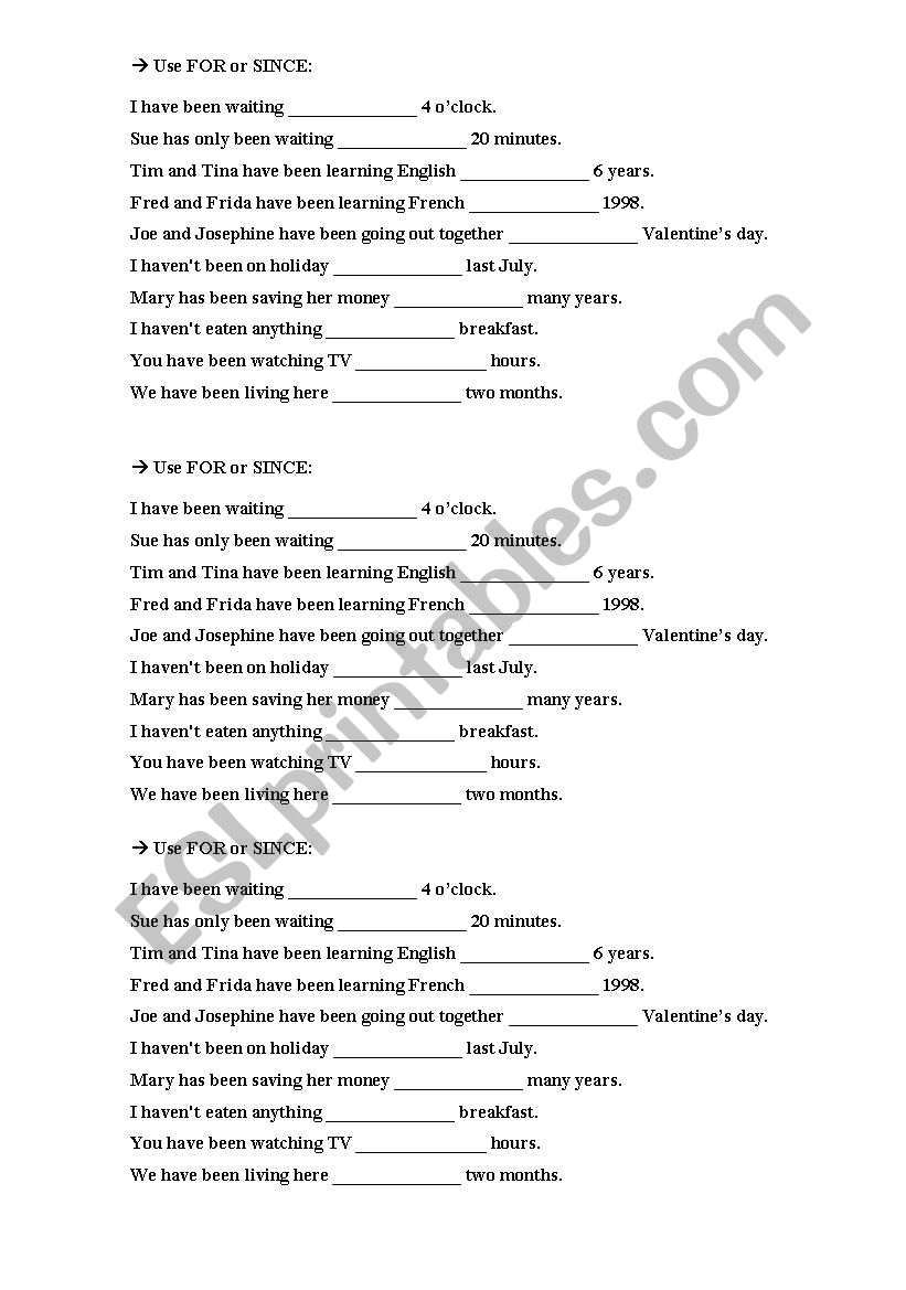 For or Since worksheet