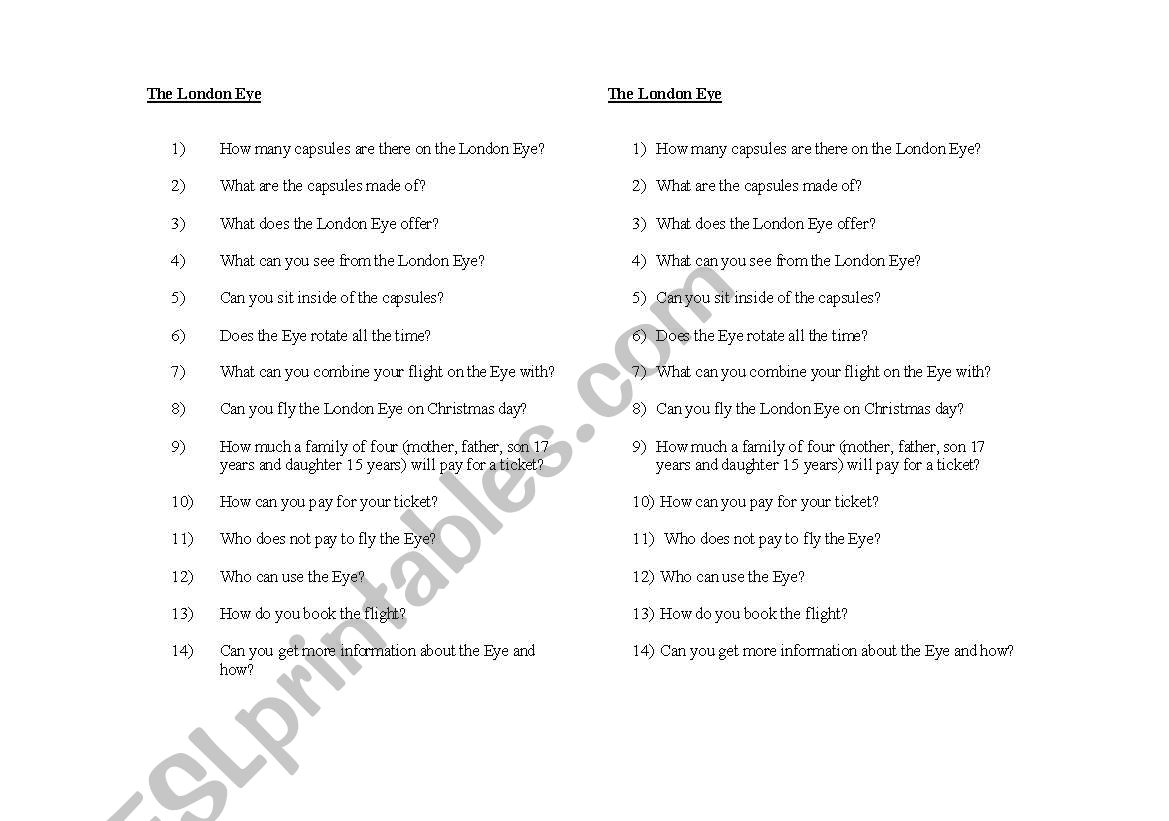 Fly the London Eye - comprehension check