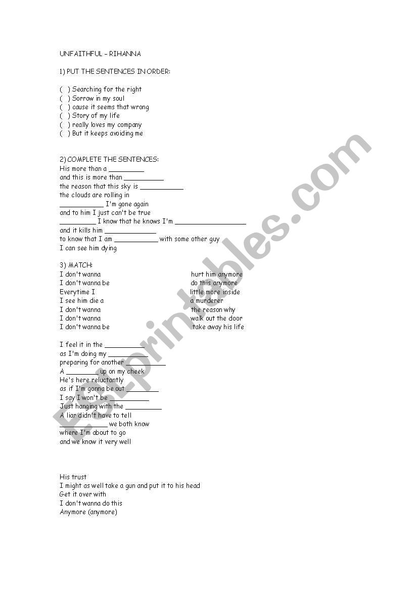 Song: Unfaithful - Rihanna - ESL worksheet by bruno_18