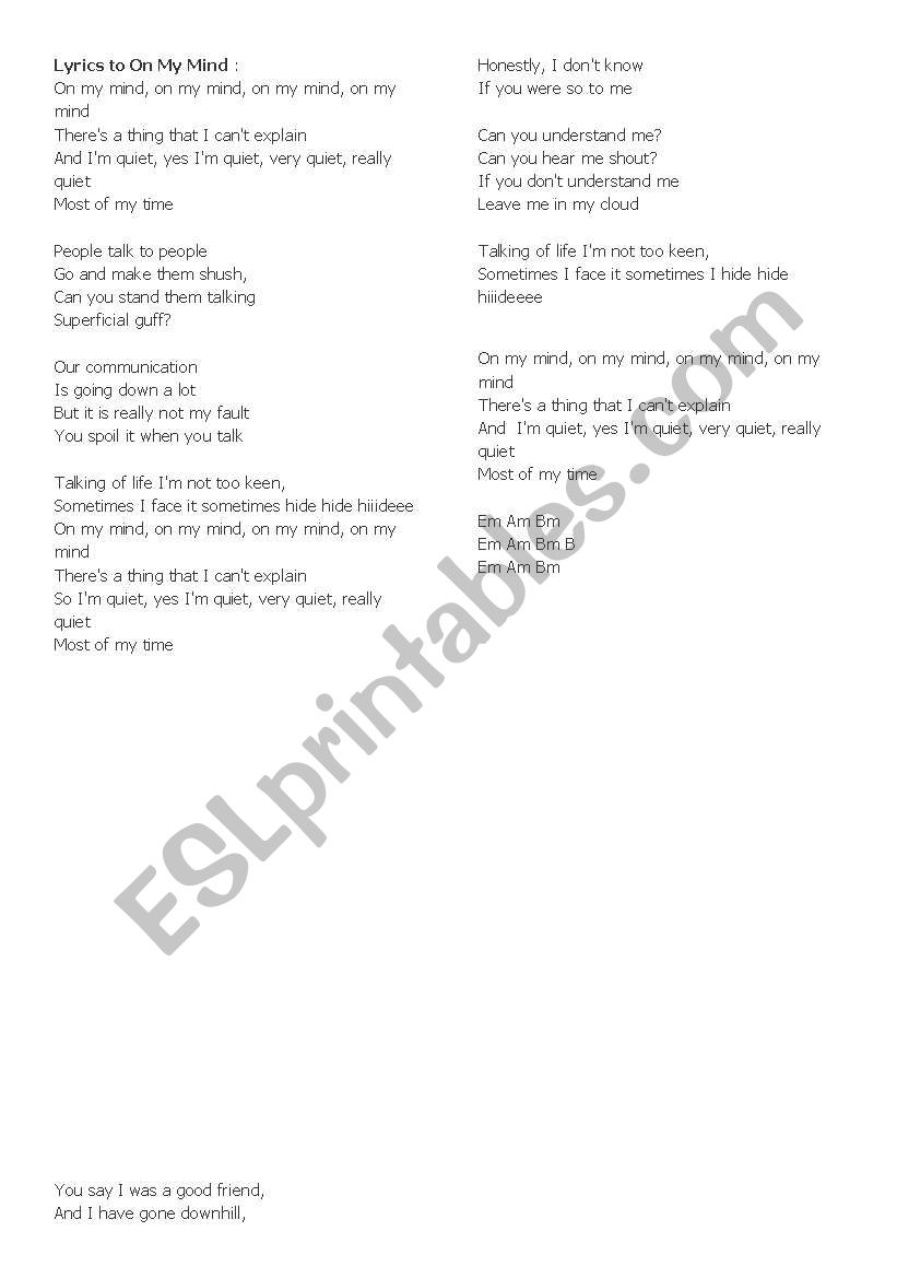 on my mind lyrics worksheet