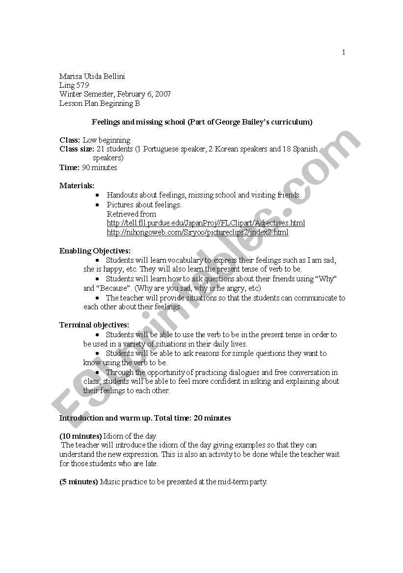 Lesson Plan Feelings worksheet