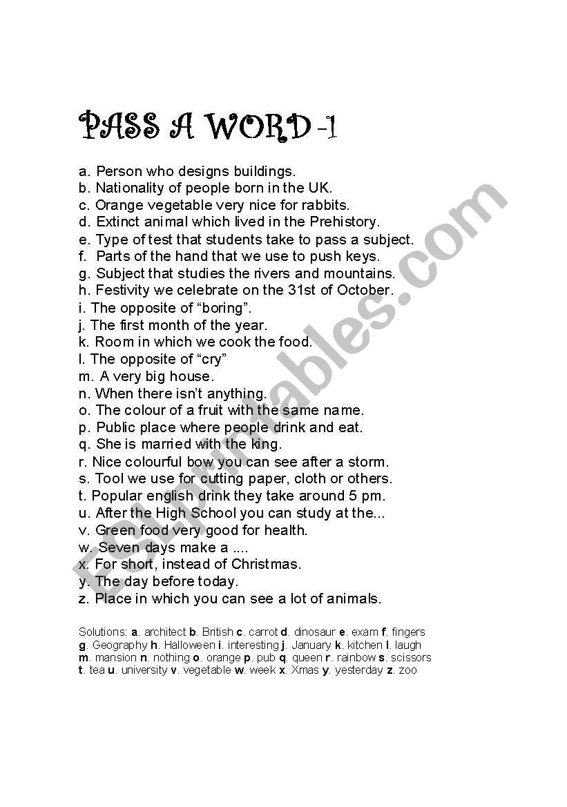 GAME: PASS A WORD worksheet