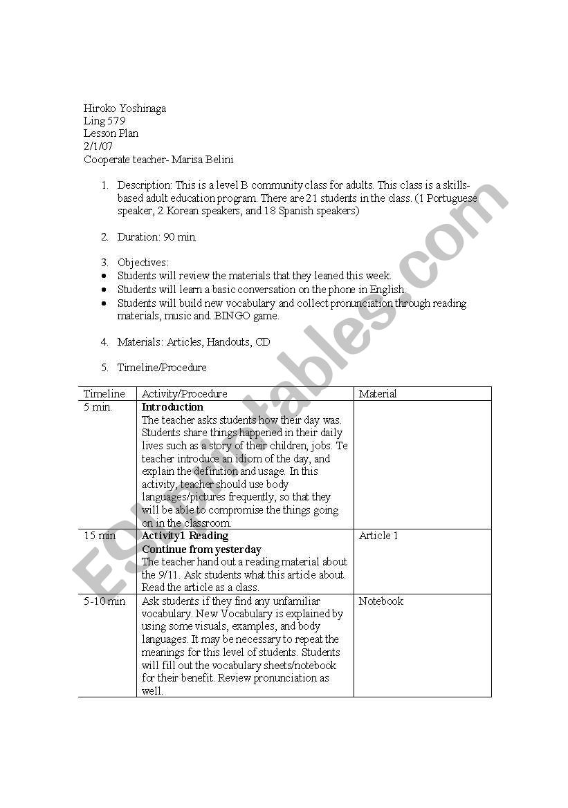 Lesson Plan emergency worksheet