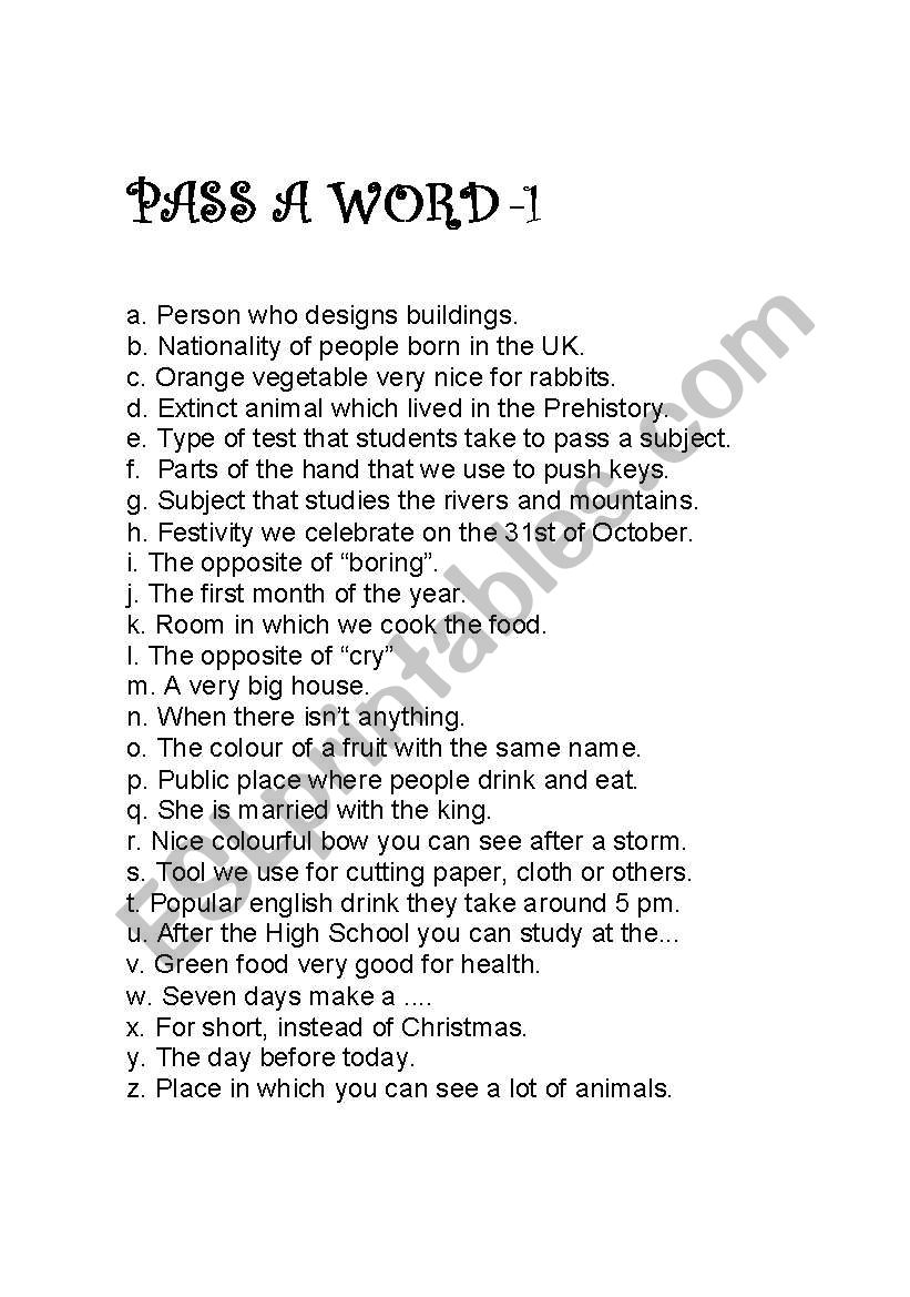 Game: PASS A WORD worksheet