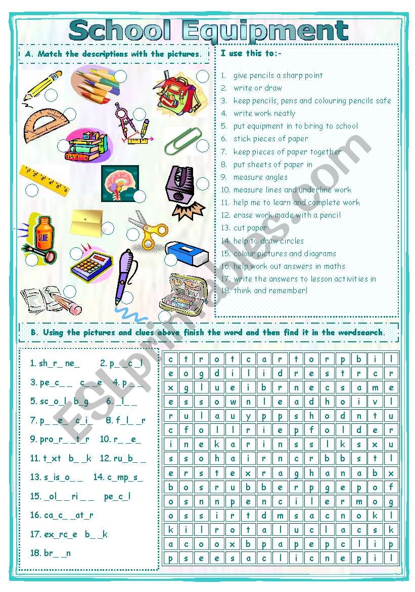  Match & Find School Equipment Worksheet