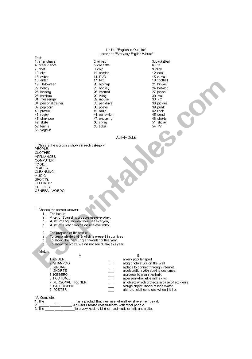 everyday english words worksheet