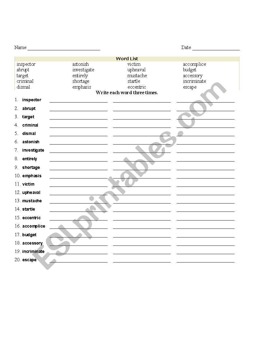 11th Grade Spelling List worksheet