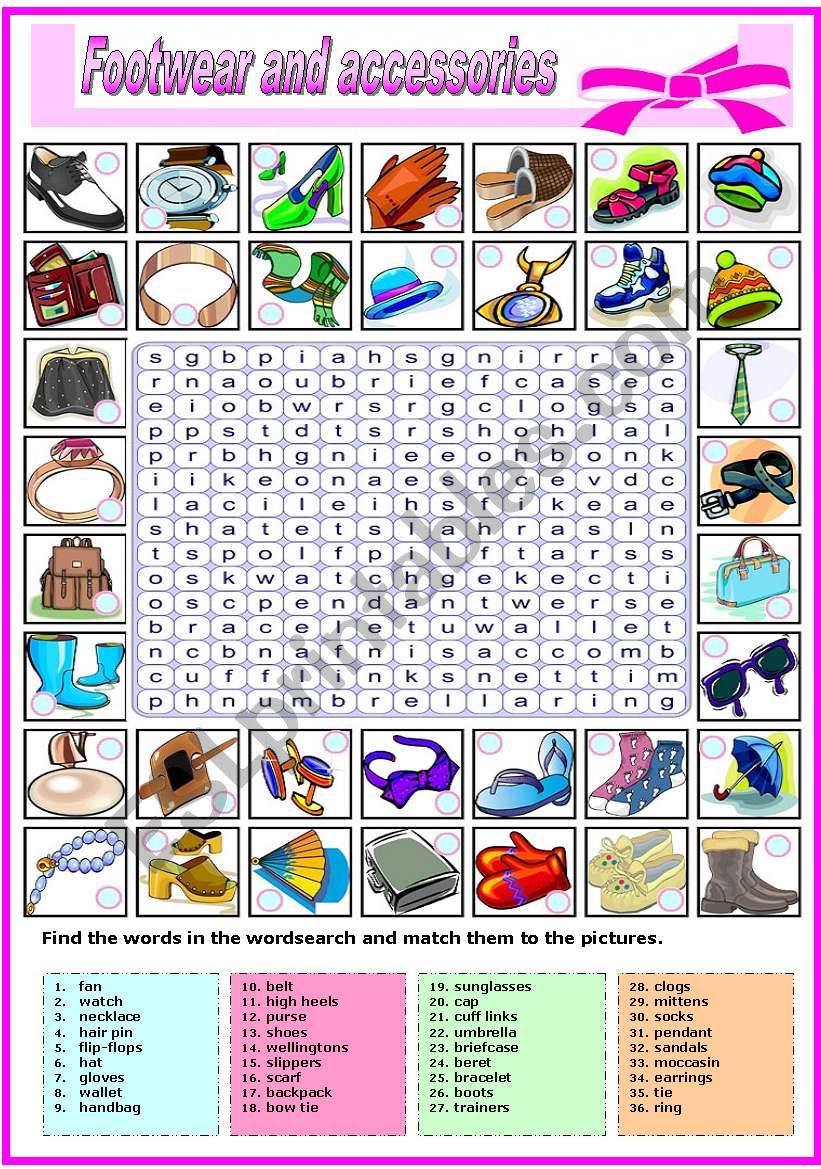 FOOTWEAR AND AND ACCESSORIES-WORDSEARCH (B&W VERSION INCLUDED)