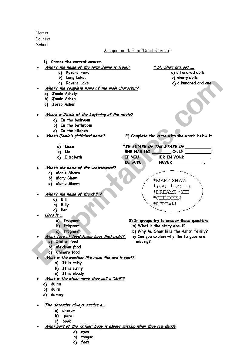 Film: DEad Silence worksheet