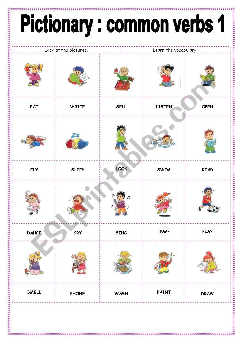 pictionary common verbs 1 worksheet