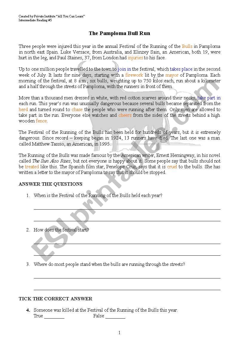 The Pamploma Bull Run worksheet