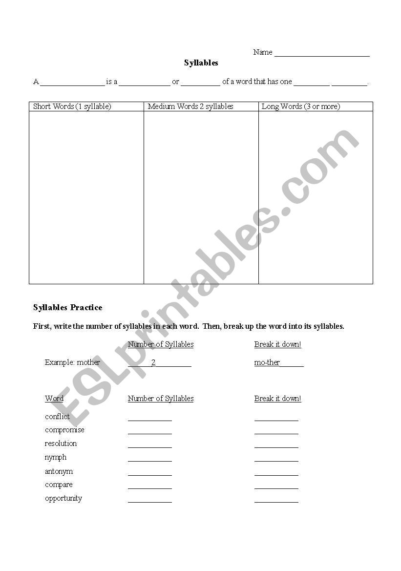 Syllables worksheet