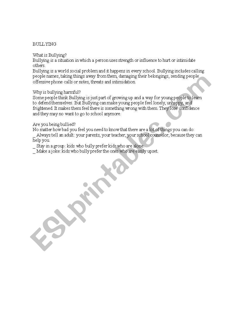 Bullying worksheet