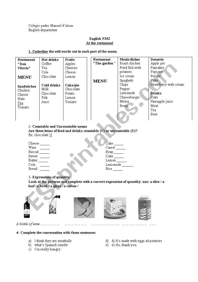 the menu worksheet