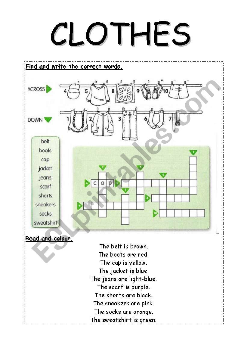 CROSWORD: Clothes & Colours worksheet