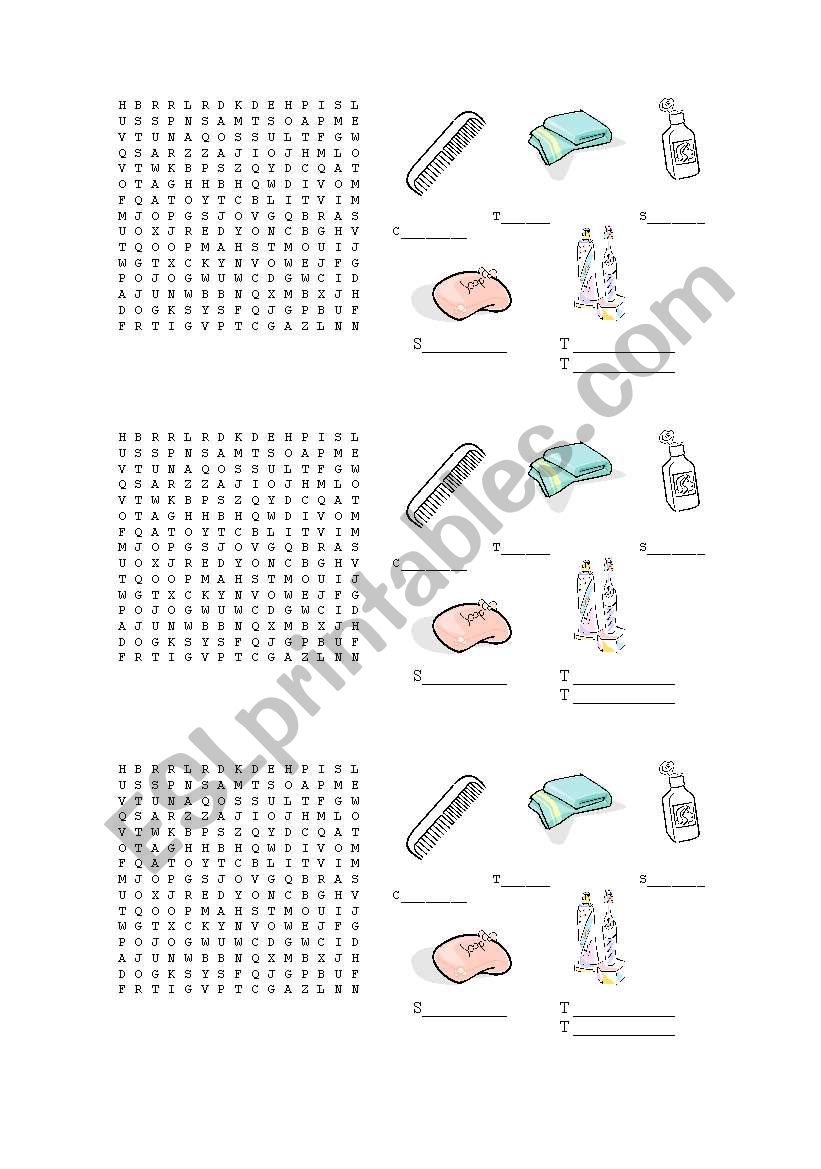 grooming objects wordsearch worksheet