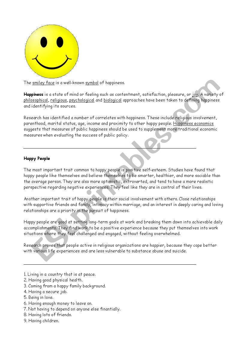 Happiness worksheet