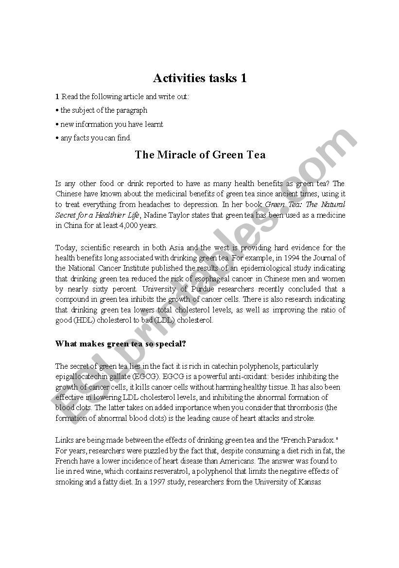 The Miracle of Green Tea worksheet