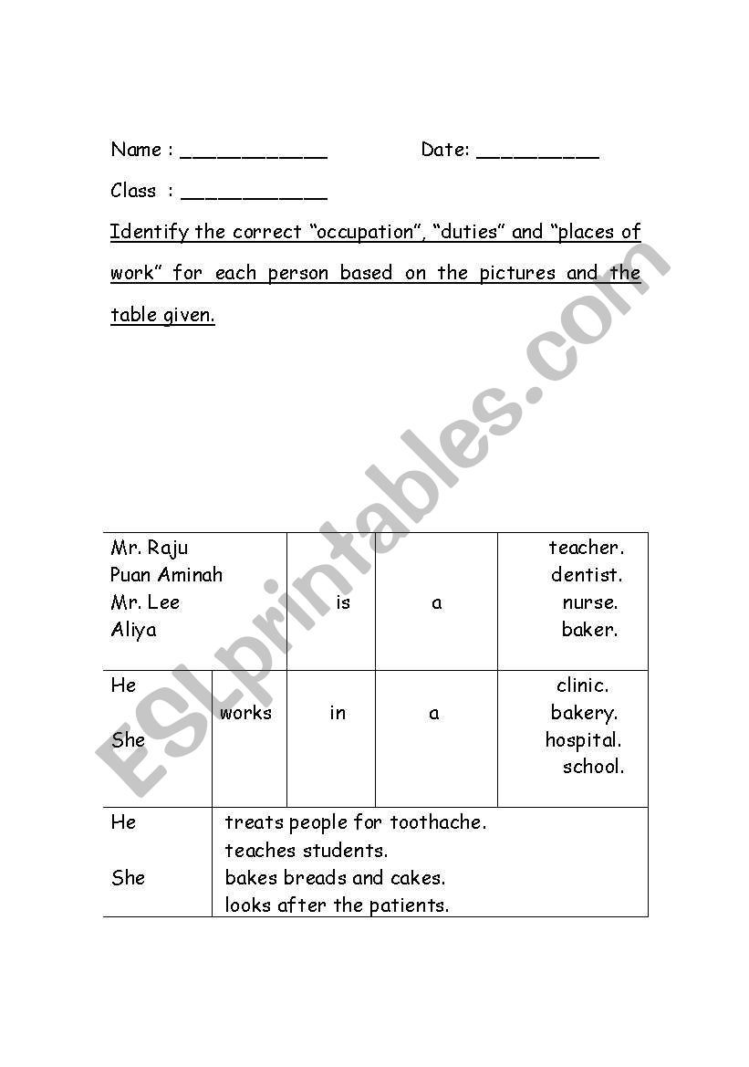 occupation worksheet