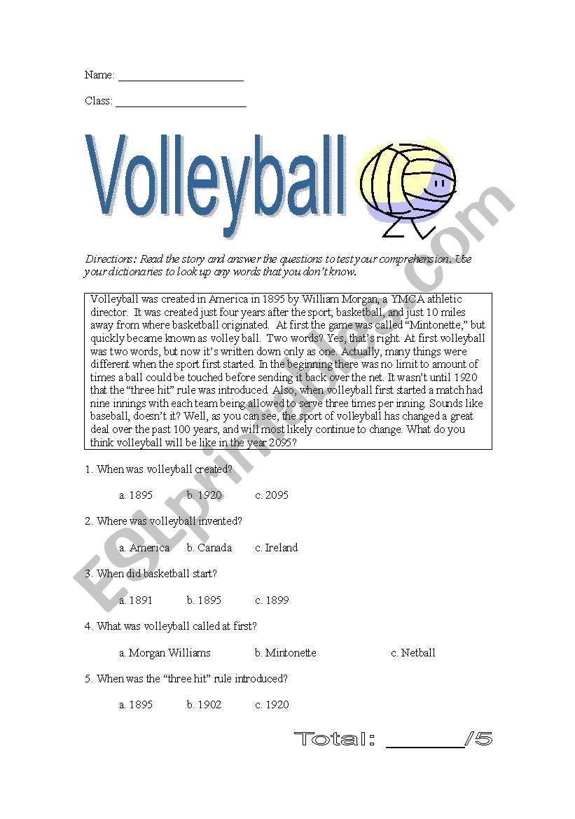 Origin of Volleyball (reading comprehension)