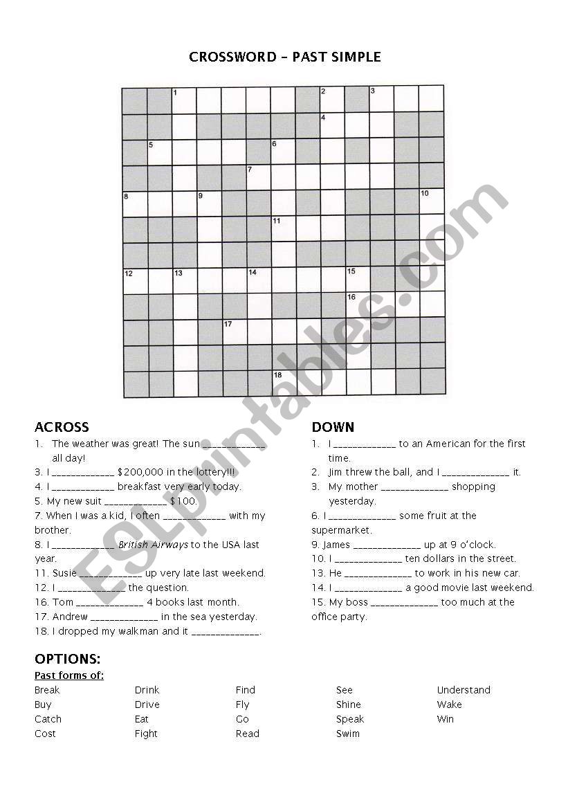 Past Simple crossword puzzle worksheet