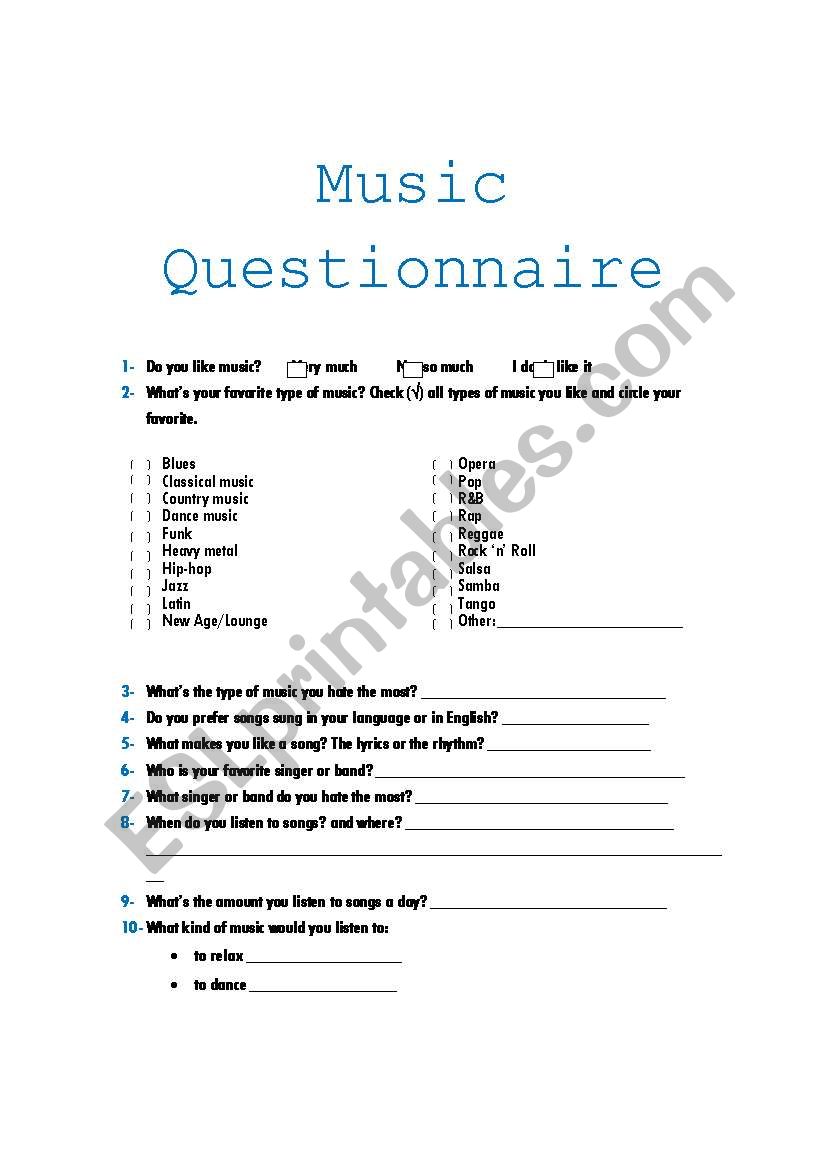 Music Questionnaire worksheet