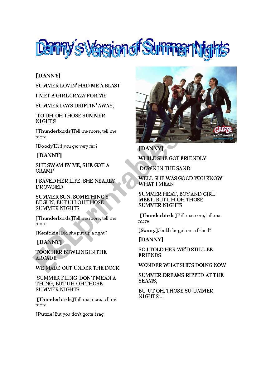 Summer Nights Dannys version worksheet