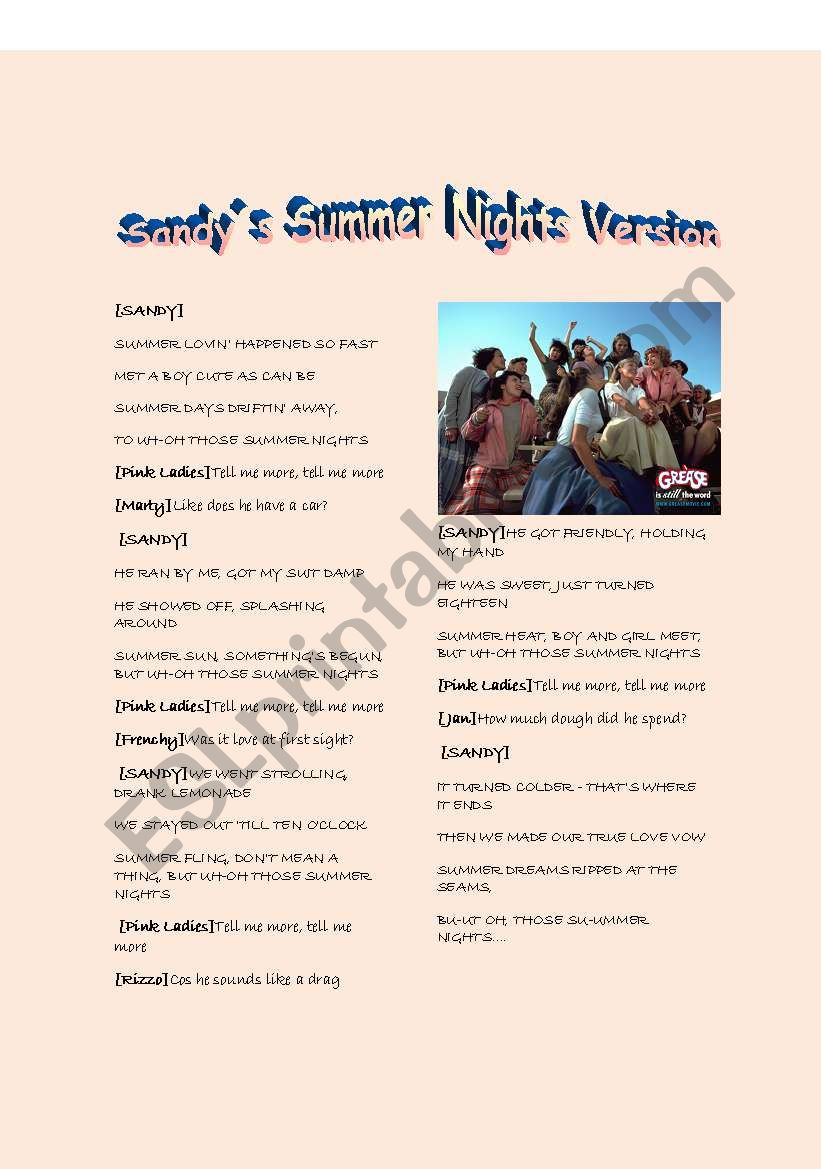 Summer Nights Sandys version worksheet