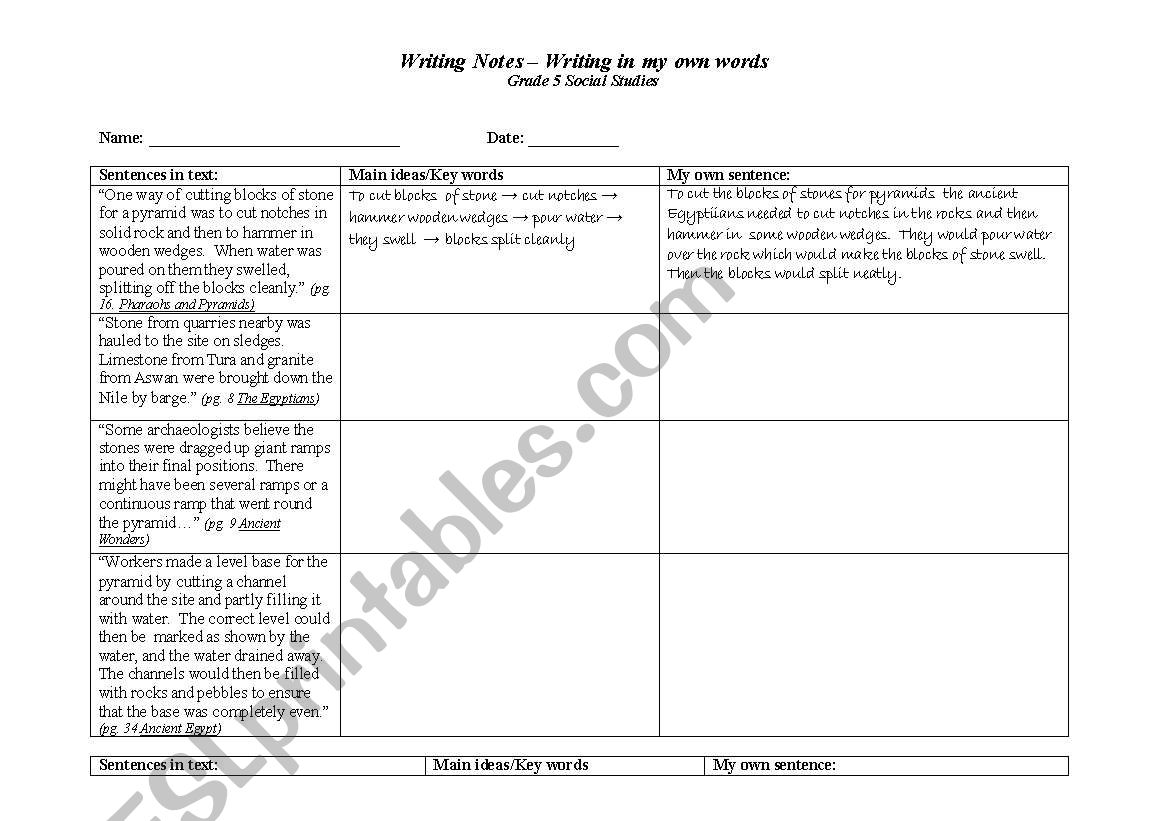 Note taking and summarising worksheet