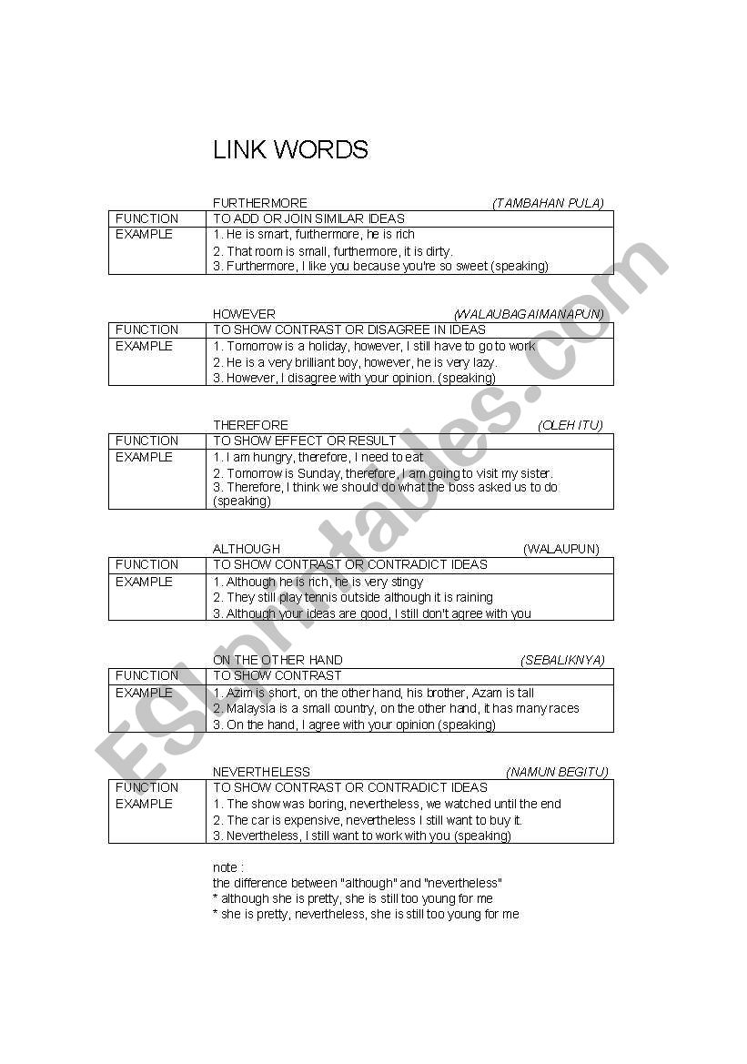 LINK WORDS worksheet