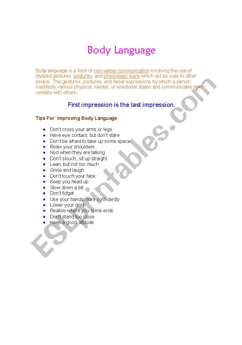 body language  worksheet