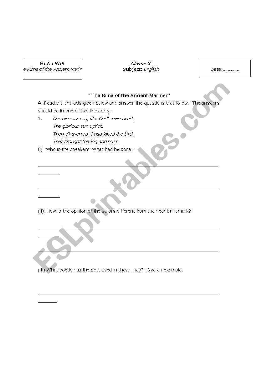  THE RIME OF ANCIENT MARINER worksheet