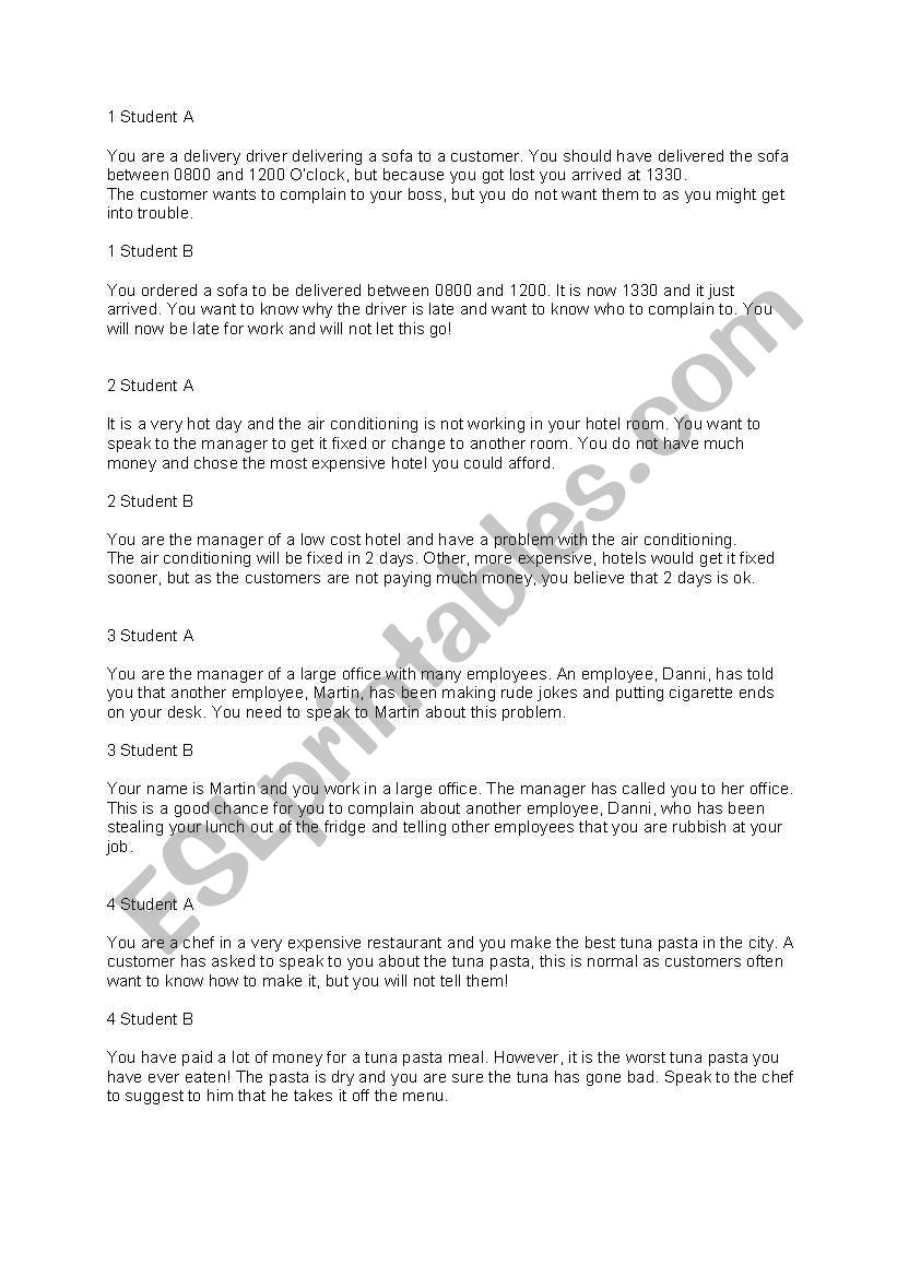Complaints role-play scenarios