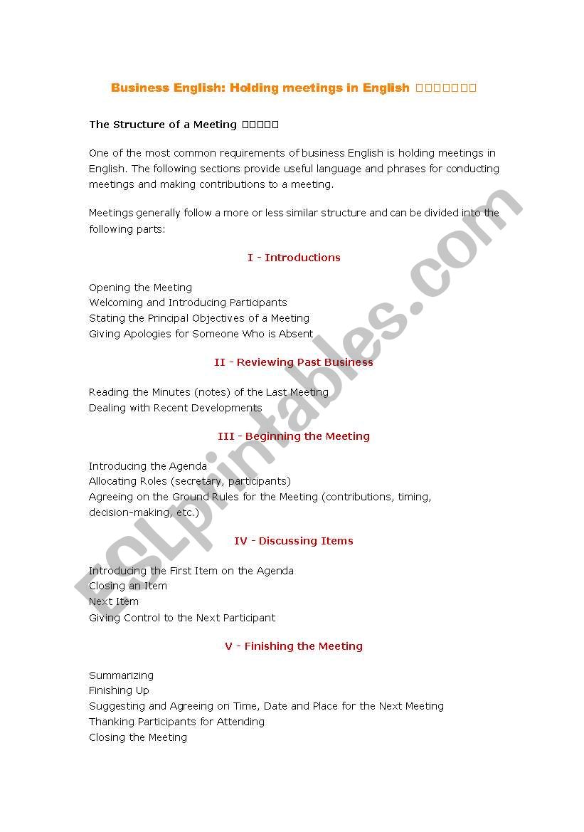 Business Meeting worksheet