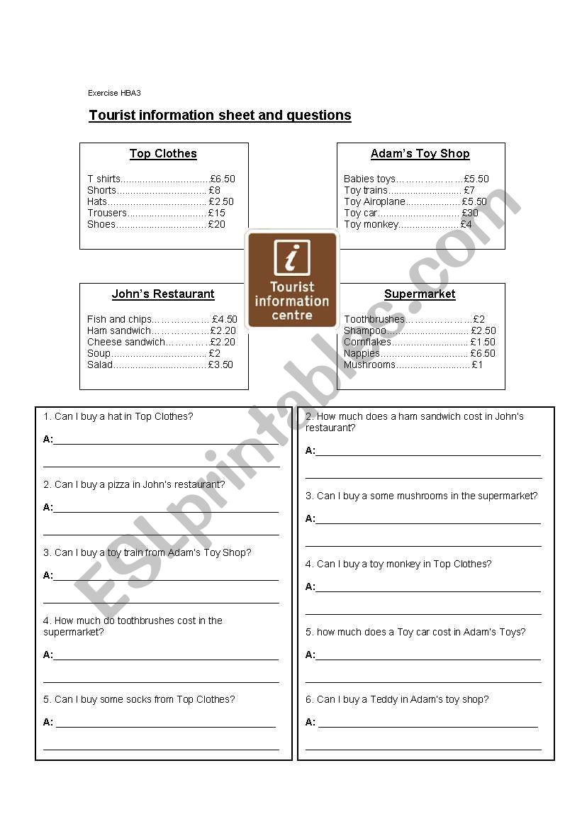 Tourist Information Questions worksheet