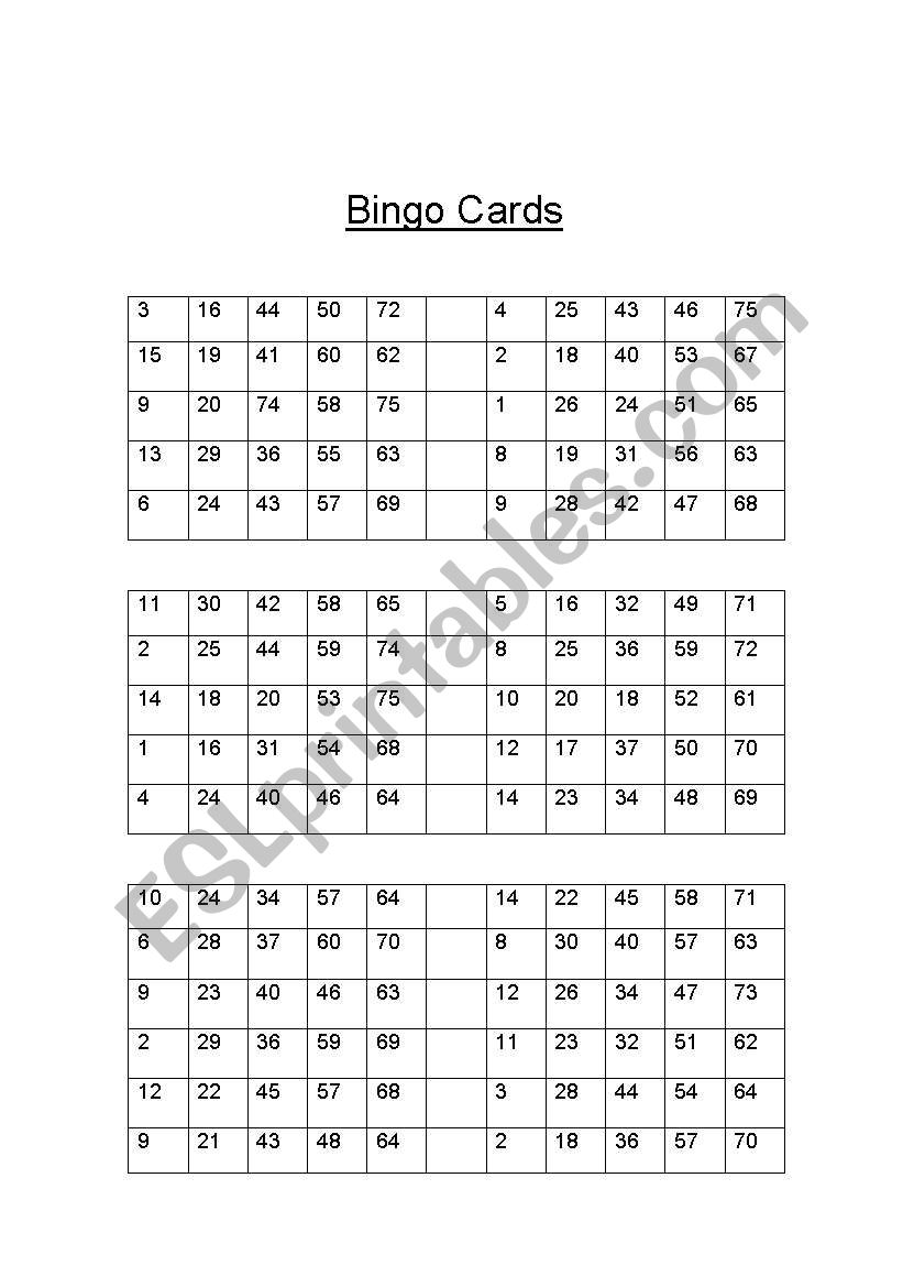 Bingo Cards worksheet