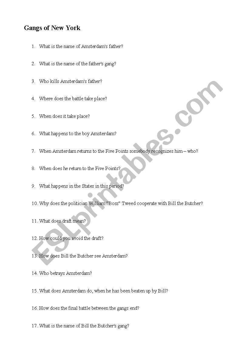 Gangs of New York - Questions worksheet