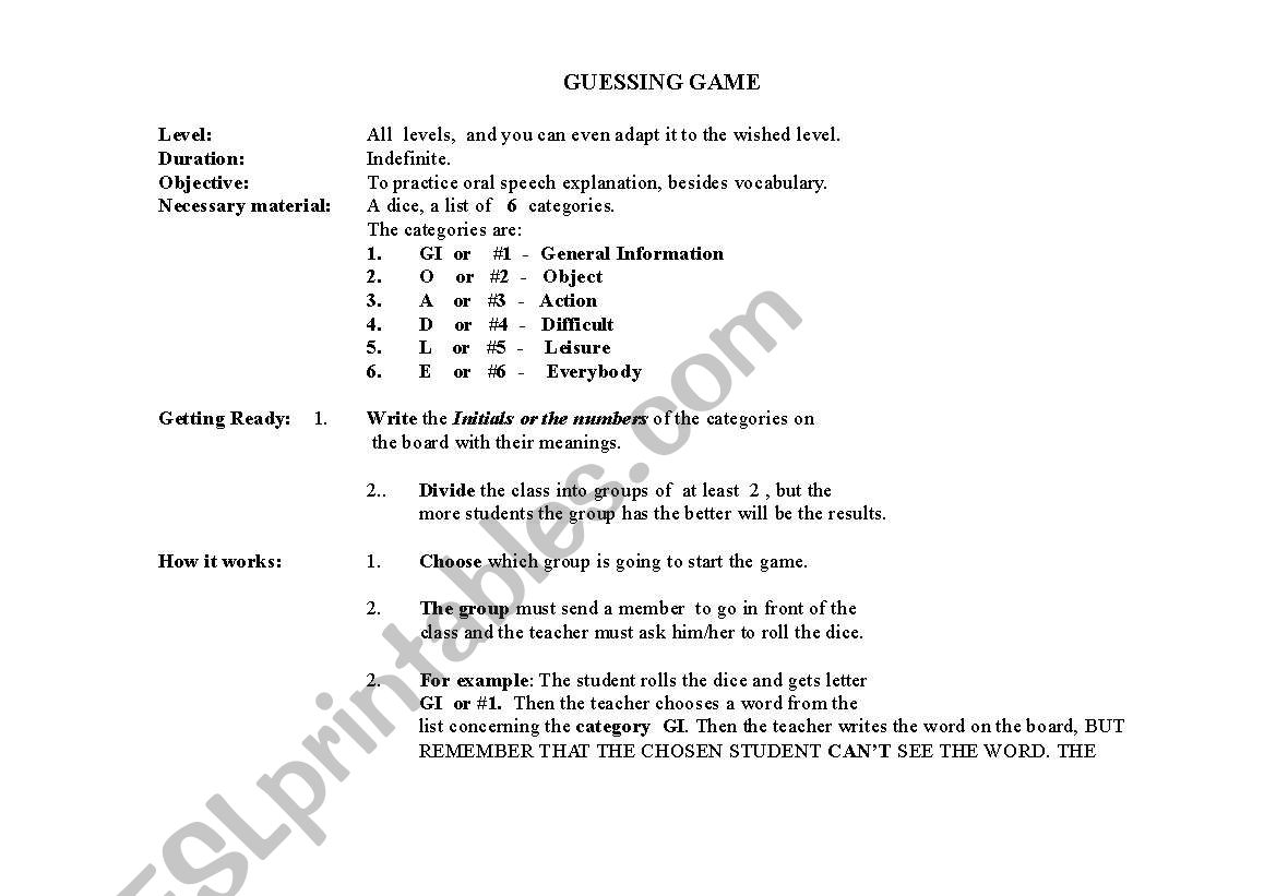 Guessing Game (All Levels) worksheet