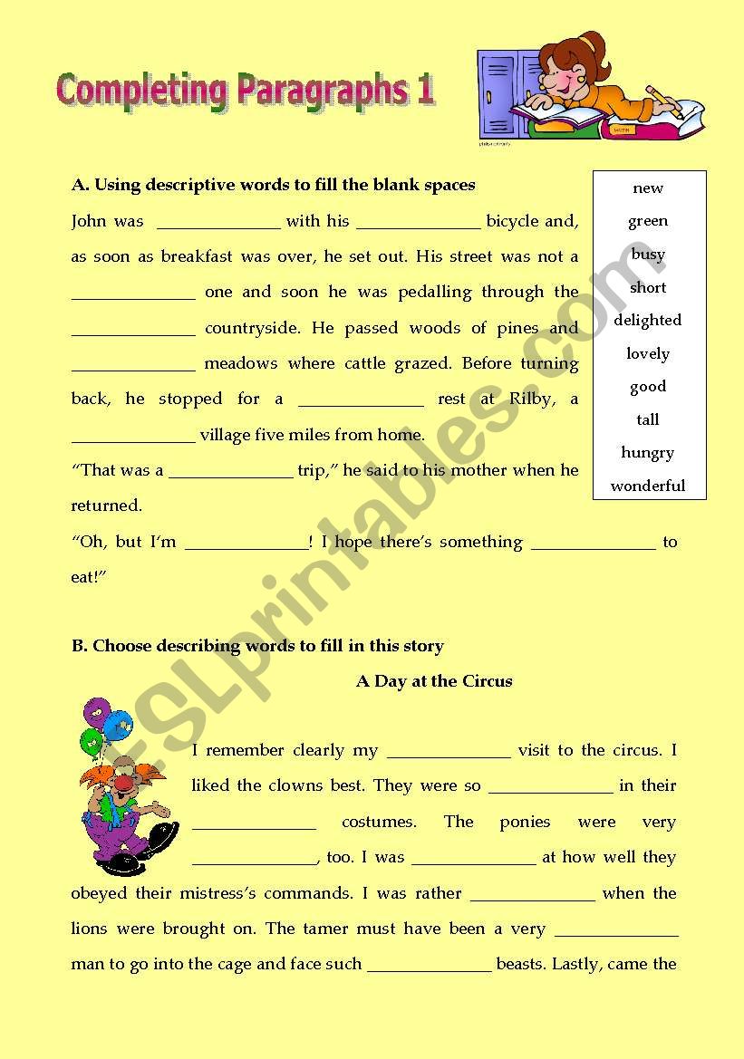 Completeing paragraphs 1 worksheet